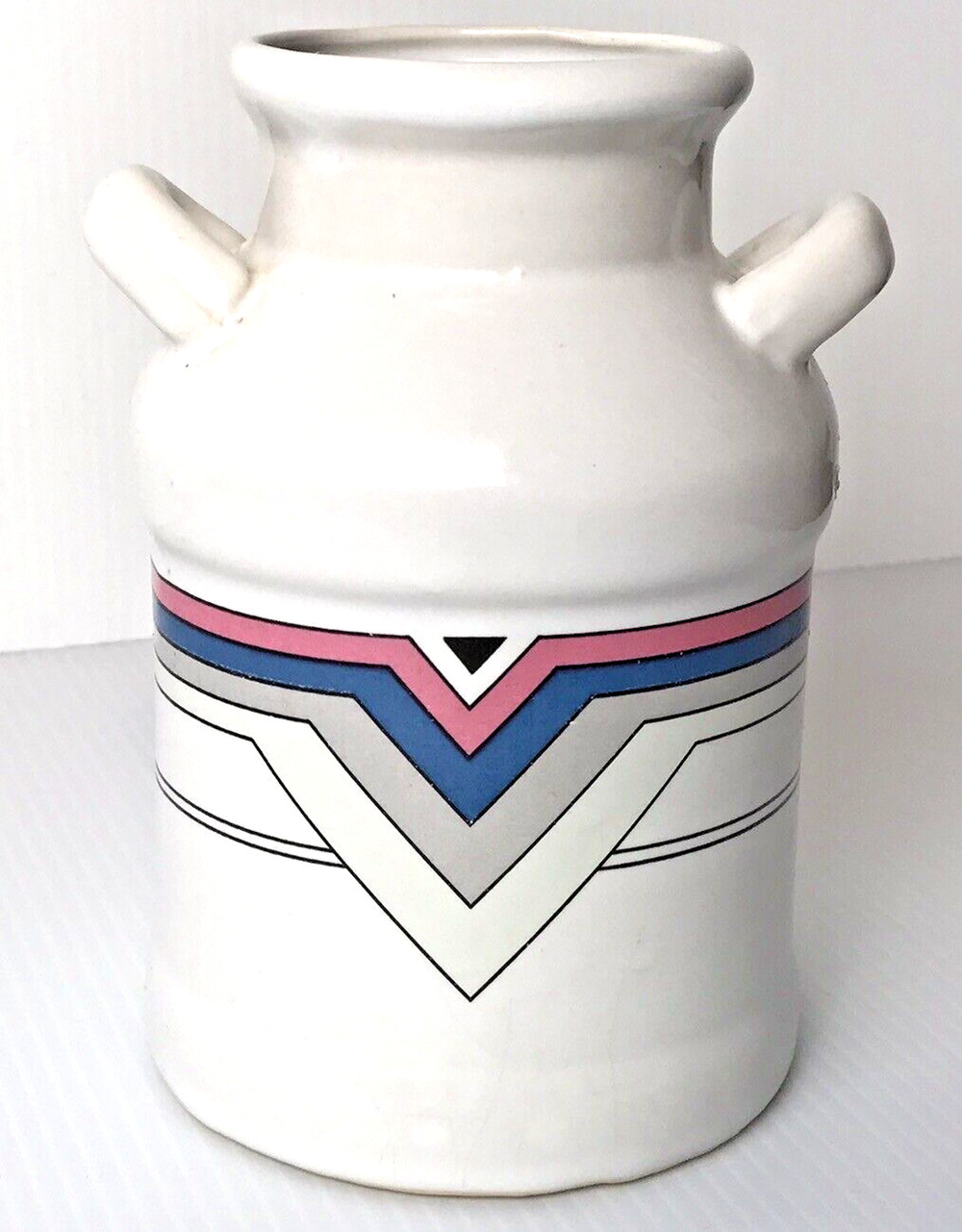 Vintage 80s Milk Jug Pale Blue Pink Pastel Kitchen Container Geometric Graphic